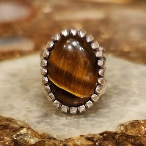 Signed Native American Navajo Sterling Silver Tigers Eye Ring